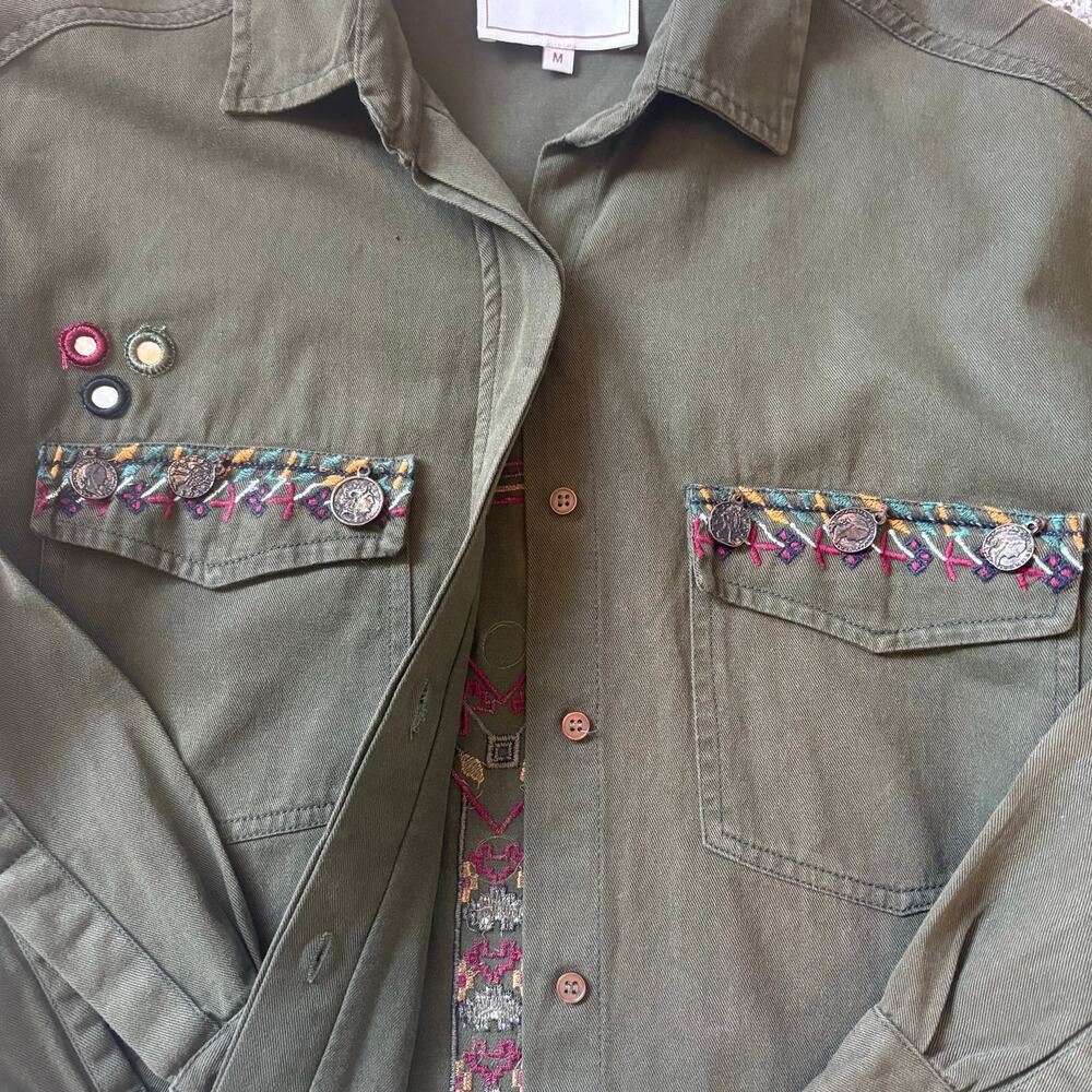 Anthropologie Beautiful Stories Embroidered Olive Jacket M Boho Metal Mirror - Picture 8 of 11